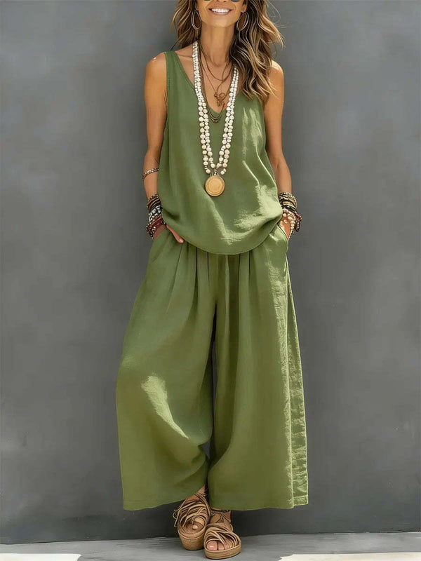 Womens Solid-Colored Casual Sleeveless Tank Top And Wide-Leg Pants Cotton-Linen Set For Daily Wear Holiday Outfit