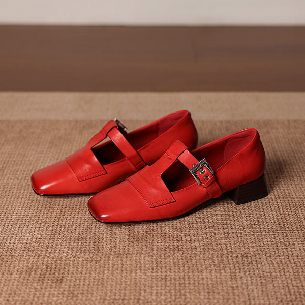 Women's Handmade Washed Full-Grain Leather Mary Jane Shoes, Vintage Square Toe T-Strap Buckle Low Block Heel Pumps