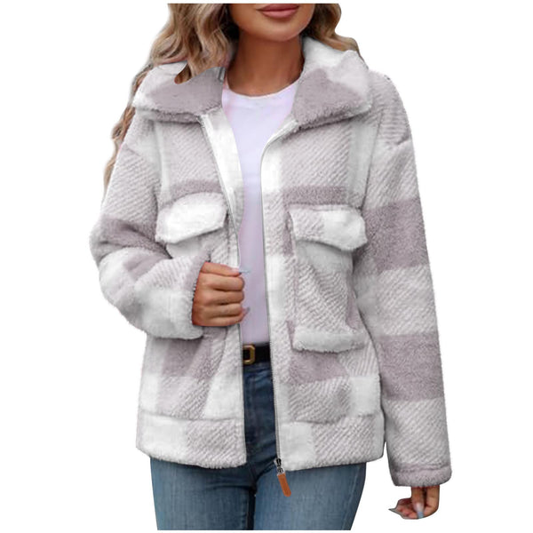 Double-Sided Polar Fleece Plaid Zip-Up Fluffy Coat