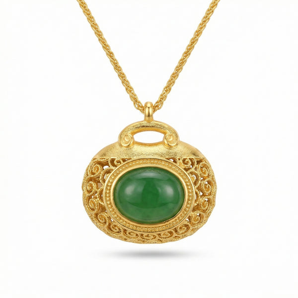 925 Sterling Silver Elegant Filigree Green Jadeite Pendant Necklace with Intricate Textured Metallic Detail