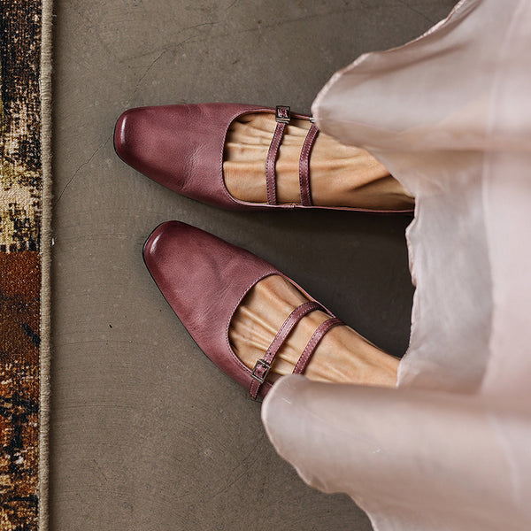 Women's Handmade Washed Full-Grain Leather Slingback Mary Jane Sandals, Vintage Square Toe Double Strap Buckle Low Wedge Heel Shoes