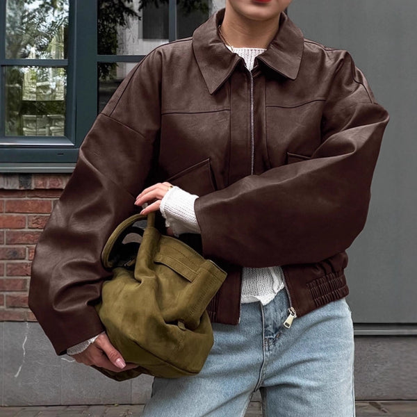 Retro AutumnWinter Old Money Style Leather Jacket For Women
