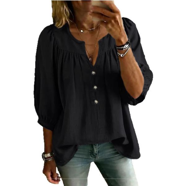 Three-quarter-sleeve Buttoned Casual Loose-fit T-shirt