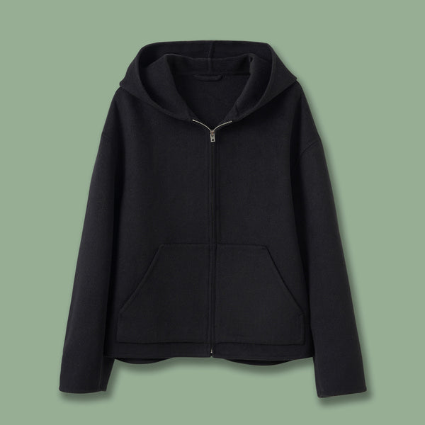 Loose-fit Casual Minimalist Wool-blend Zip-up Hooded Jacket