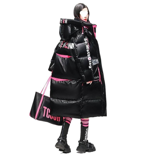 Womens Winter Loose Western-Style Over-the-Knee Long Thermal Patchwork Down Jacket