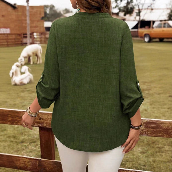 Solid-color V-neck Button-up Loose-fitting Fashionable Top