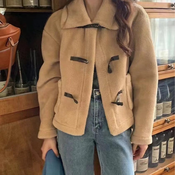 Vintage Shearling Fur-and-leather Combo Warm Short Coat With Horn Buttons