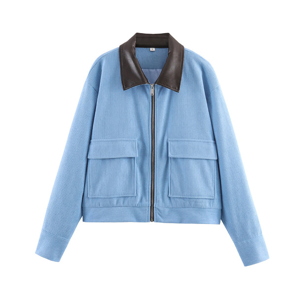 Women's Casual Corduroy Patchwork Leather-Trimmed Jacket Coats