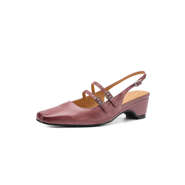 Women's Handmade Washed Full-Grain Leather Slingback Mary Jane Sandals, Vintage Square Toe Double Strap Buckle Low Wedge Heel Shoes