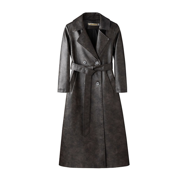 Women's Leather Trench Coat Long Below-the-knee Length