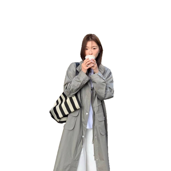 Loose Casual Stylish Long Trench Coat With A Stand Collar And Drawstring