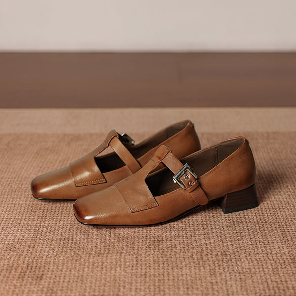Women's Handmade Washed Full-Grain Leather Mary Jane Shoes, Vintage Square Toe T-Strap Buckle Low Block Heel Pumps