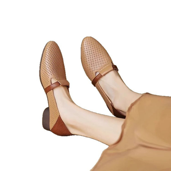 French-style Color-Block Elegant Soft Leather Low-Heel Womens Pumps