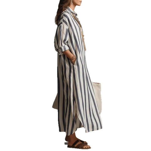 Striped Print Dress Summer Split Collar Short Sleeve Long Dresses Fashion Women's Clothing