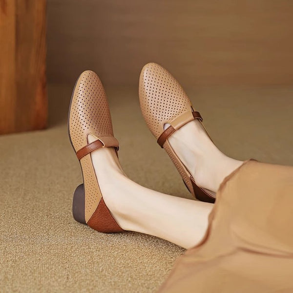 French-style Color-Block Elegant Soft Leather Low-Heel Womens Pumps