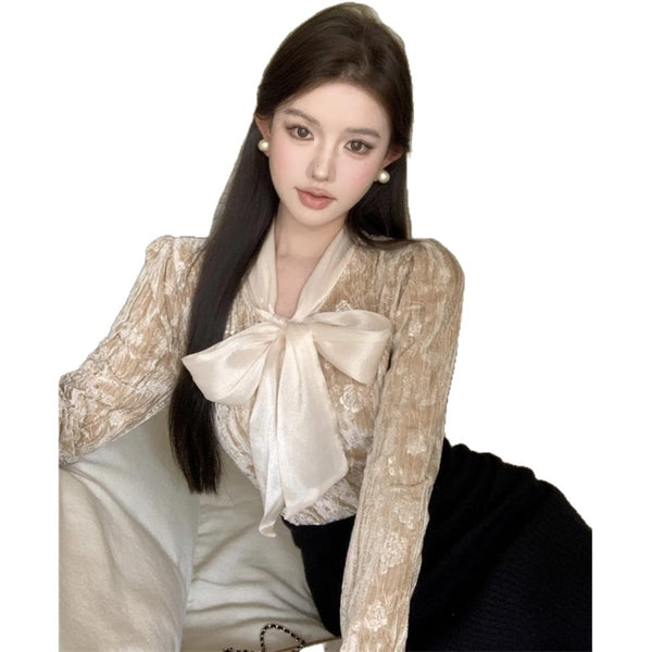 French-style Bow-Tie Lace-Up Velvet Shirt For Women