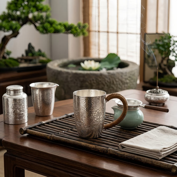 Pure 999 Fine Silver Hammered Silver Mug with Hand-Engraved Lotus Designs and Woven Handle - Handicraft