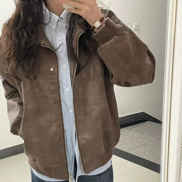 Retro Brown Square-Neck Coat Women's SpringAutumn Style