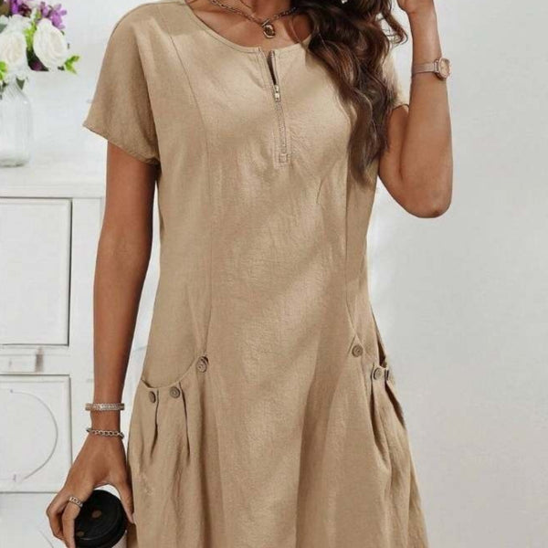 Short-sleeved Dress With Pockots And Zipper Women's Summer Clothing