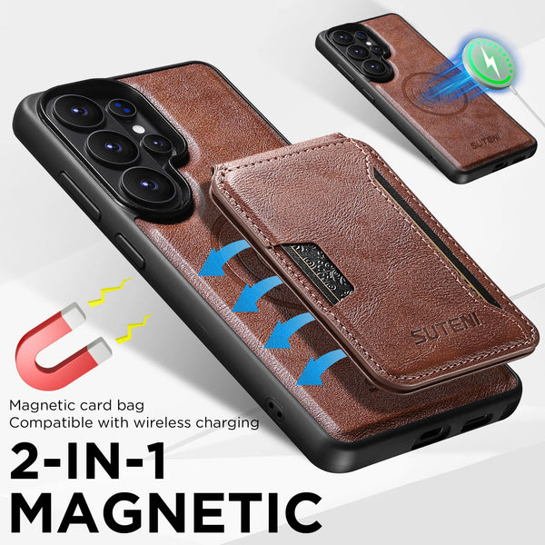 Magnet Wireless Charging Luxury Faux Leather Phone Case Card Holder Stand For Samsung Galaxy S26 Ultra S25 S24 S23 S22