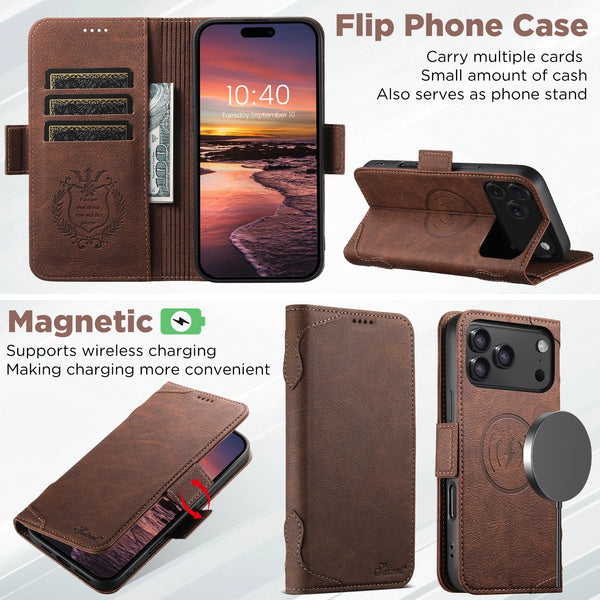 Wireless Charging Faux Leather Card Holder Stand Wallet Magnetic Button Flip Cover Phone Case For iPhone 17 Pro Max 16 15 14 13