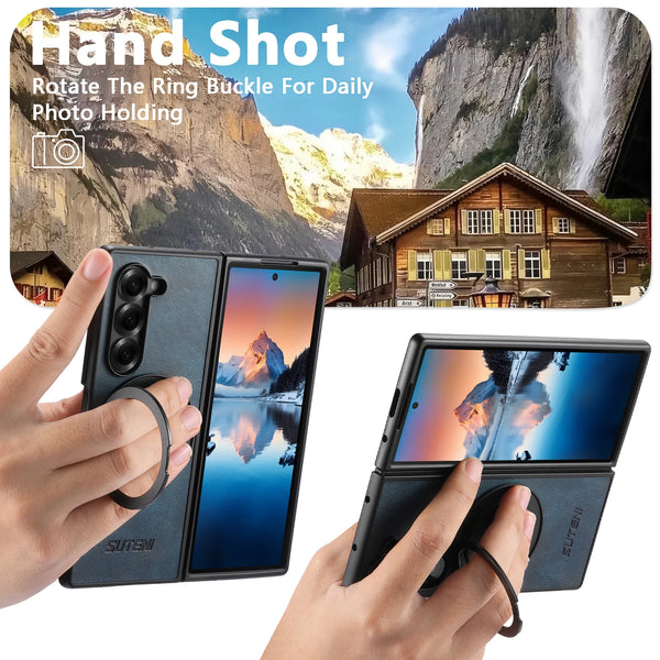 SUTENI Magnet Wireless Charging Phone Case Oil Wax Faux Leather 360° Rotating Stand Buckle For Samsung Galaxy Z Fold 7 6 5