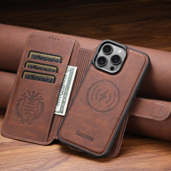 SUTENI Faux Leather Wireless Charging Card Holder Stand Wallet Magnetic Flip Cover Phone Case For iPhone 16 Pro Max 15 Plus 14