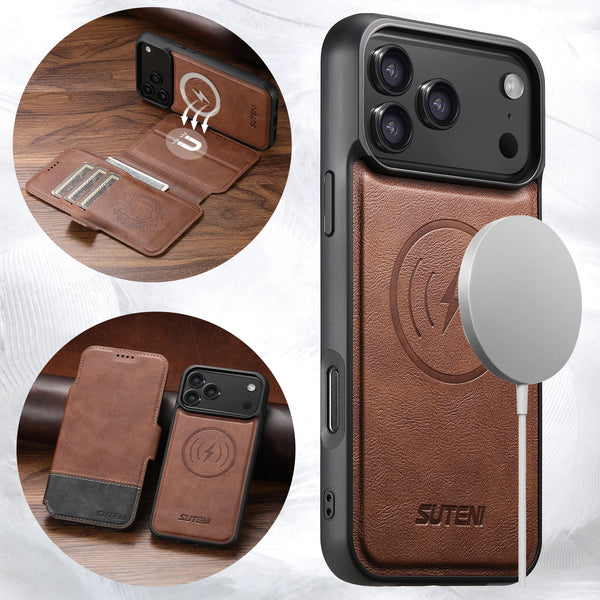 SUTENI Wireless Charging Phone Case Card Holder Stand Wallet Magnetic Flip Cover Faux Leather For iPhone 17 Pro Max 16 Plus 15