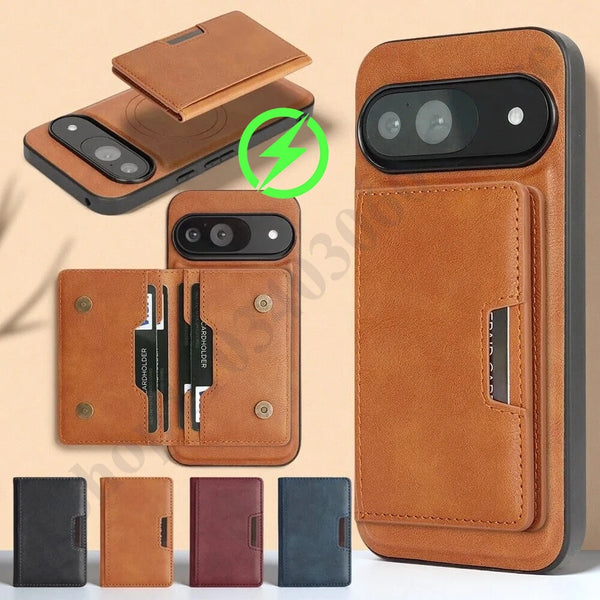 2 in 1 Leather Case For Google Pixel 8 8A 8Pro 9 9Pro 10 10pro Pro XL 9A 10A Magnetic Wireless Charging Cards Slots Phone Cover