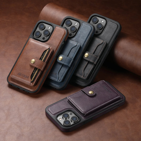Wireless Charging Faux Leather Magnetic Button Card Holder Stand Phone Case Smooth Surface 2-in-1 Wallet For iPhone 17 ProMax 16