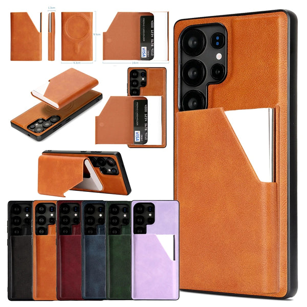 Magnetic Leather Case for Samsung Galaxy S25 Ultra Edge S24 Plug 23 + S25Ultra S25U S24U 5G Mirror Card Holder Phone Cover