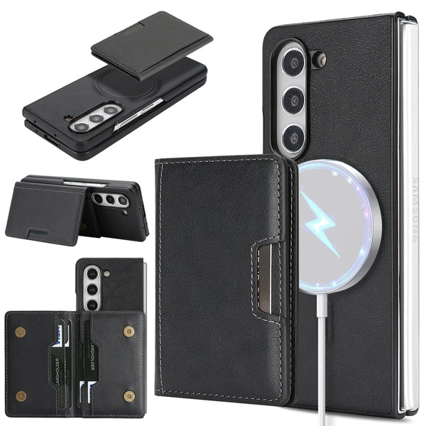2 In 1 Magnetic Case For Samsung Galaxy Z Fold 7 6 5 4 3 Fold7 Fold6 Cards Slots Holder Kickstand Wireless Charging Phone Cover