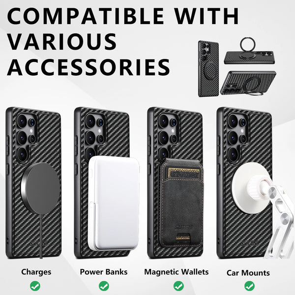 SUTENI Carbon Fiber Phone Case Wireless Charging 360° Rotating Stand PU Leather Ring Buckle For Samsung S26Ultra S25 S24 S23 S22