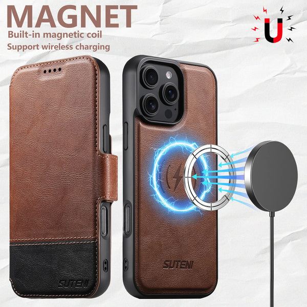 SUTENI Faux Leather Wireless Charging Card Holder Stand Wallet Magnetic Flip Cover Phone Case For iPhone 16 Pro Max 15 Plus 14