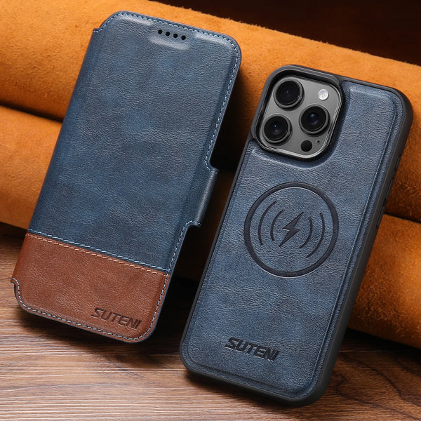 SUTENI Faux Leather Wireless Charging Card Holder Stand Wallet Magnetic Flip Cover Phone Case For iPhone 16 Pro Max 15 Plus 14