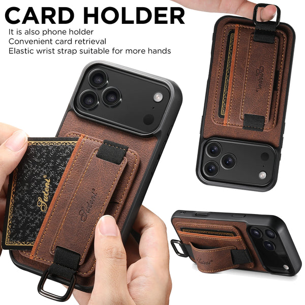 SUTENI For iPhone 17 Pro Max 16 Plus 15 14 13 12 Faux Leather Phone Case Wrist Strap Ring Buckle Card Holder Bag Stand