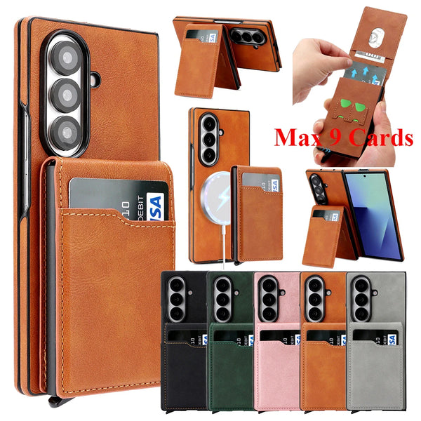2 in 1 Wireless Charging Leather Case For Samsung Galaxy Z Fold 7 6 5 4 3 Fold7 Magnetic Card Slots Cards Holder Phone Cover