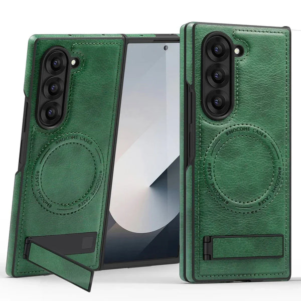 Leather Case For Samsung Galaxy Z Fold 6 5 4 3 Magnetic Fold6 Fold5 Fold4 Fold3 Wrieless Charger Phone Cover WIth Kickstand