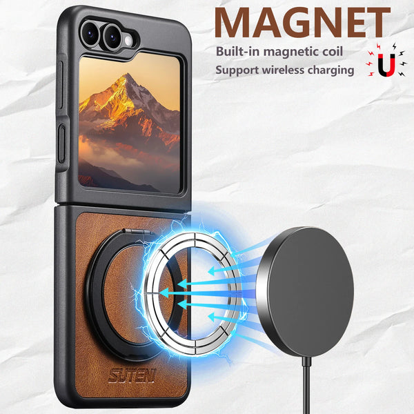 SUTENI Magnet Wireless Charging Phone Case Oil Wax Faux Leather 360° Rotating Stand Buckle For Samsung Galaxy Z Flip 7 6 5