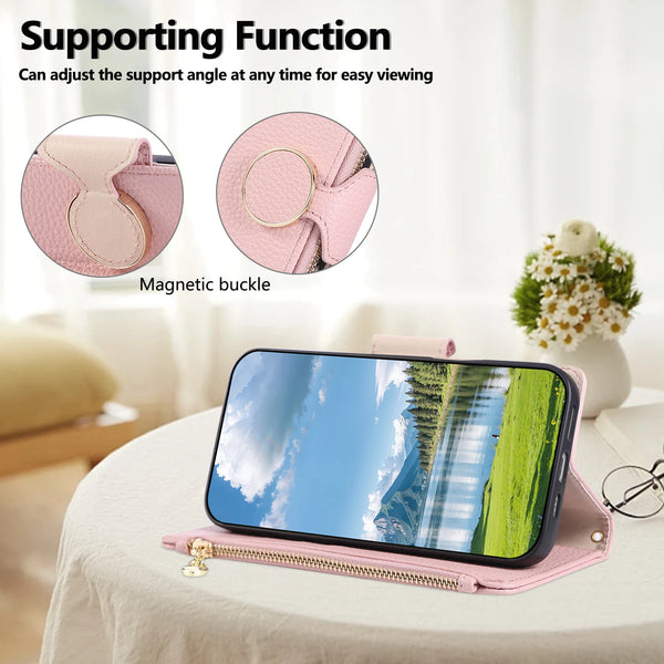 Lanyard Zipper Leather Wallet Case for Iphone 17 Promax Air 16 Pro Max 15 Plus 14 13 12 Kickstand Card Slots Holder Phone Cover