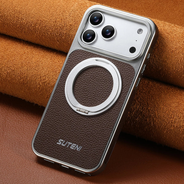 SUTENI Faux Leather Magnet Wireless Charging Phone Case 360° Rotating Stand Ring Buckle Frosted Feel For iPhone 17 Pro Max 16 15