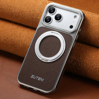 SUTENI Faux Leather Magnet Wireless Charging Phone Case 360° Rotating Stand Ring Buckle Frosted Feel For iPhone 17 Pro Max 16 15