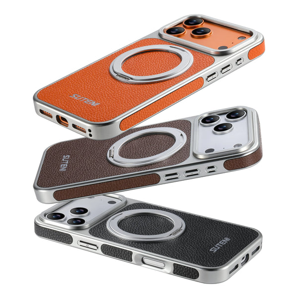 SUTENI Faux Leather Magnet Wireless Charging Phone Case 360° Rotating Stand Ring Buckle Frosted Feel For iPhone 17 Pro Max 16 15