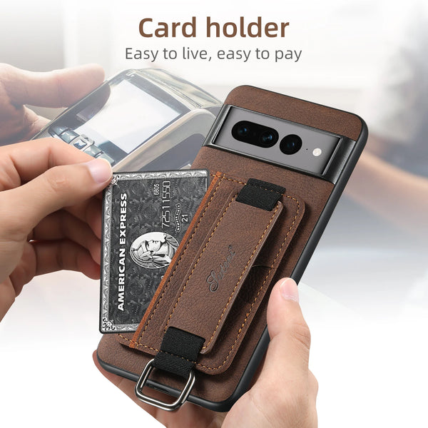 SUTENI PU Leather Phone Case Wrist Strap Ring Buckle Card Holder Stand For Google Pixel 9XL 8Pro 7A 6