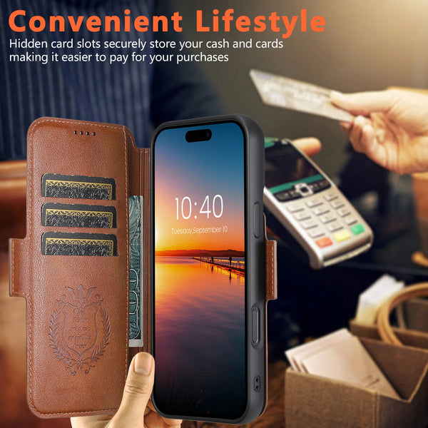 SUTENI Faux Leather Wireless Charging Card Holder Stand Wallet Magnetic Flip Cover Phone Case For iPhone 16 Pro Max 15 Plus 14