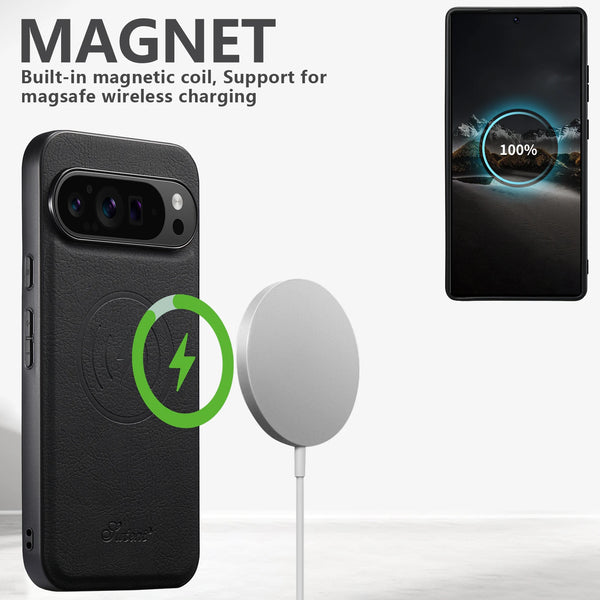SUTENI Luxury Faux Leather Phone Case Magnet Wireless Charging Frosted Feel For Google Pixel 10 Pro XL 9 8A 7 6