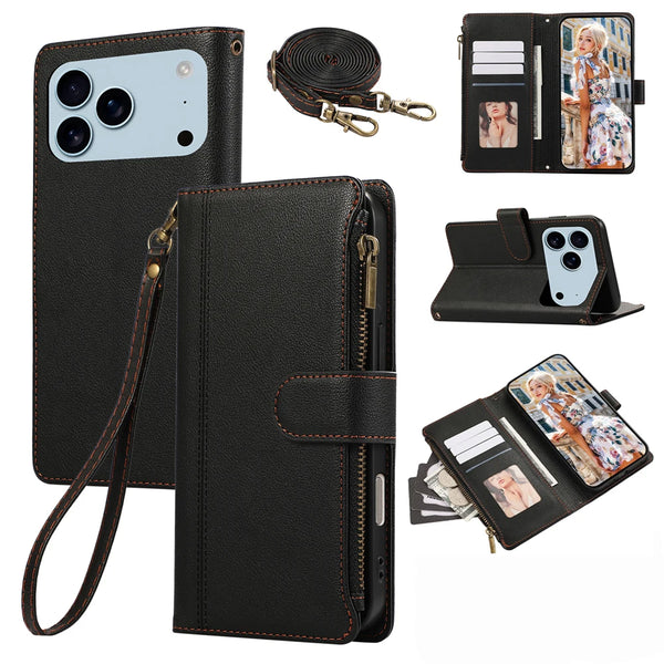 Crossbody Leather Case for iphone 17 Promax Air 16 Pro Max 15 Plus 14 13 12 iphone17 Iphone16 Card Slots Wallet Phone Cover