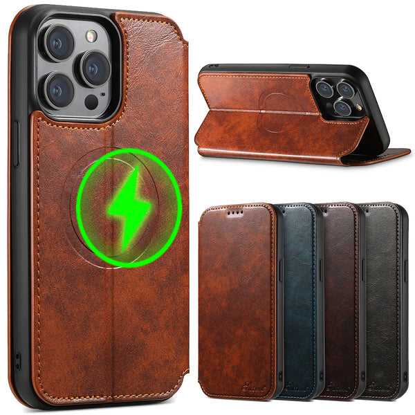 SUTENI Magsafe Leather Phone Case For iPhone 12 13 14 15 16 17 Pro Max Plus Flip Cover Wallet For Men Card Holder