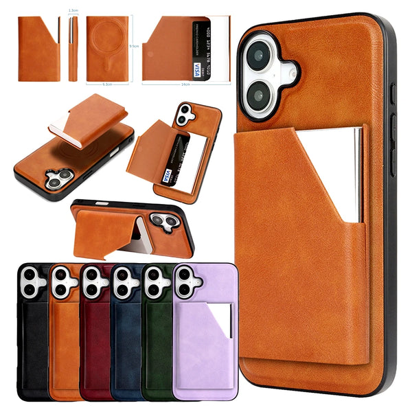 Magsafe Leather Phone Case for Iphone 17 Air 16 ProMax 15 Plus 14 Pro Max 13 12 Pm 16e Mirror Magnetic Card Holder Phone Cover