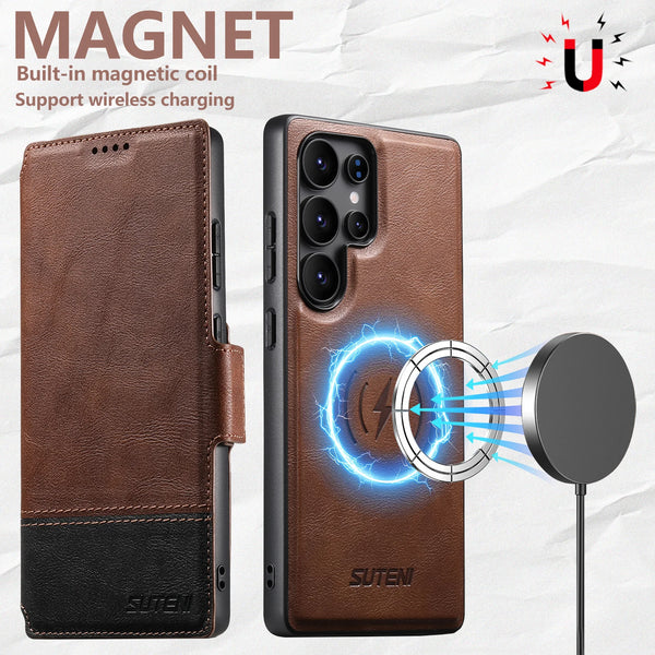 Faux Leather Wireless Charging Card Holder Stand Wallet Magnetic Flip Cover Phone Case For Samsung Galaxy S26 Ultra S25 S24 S23